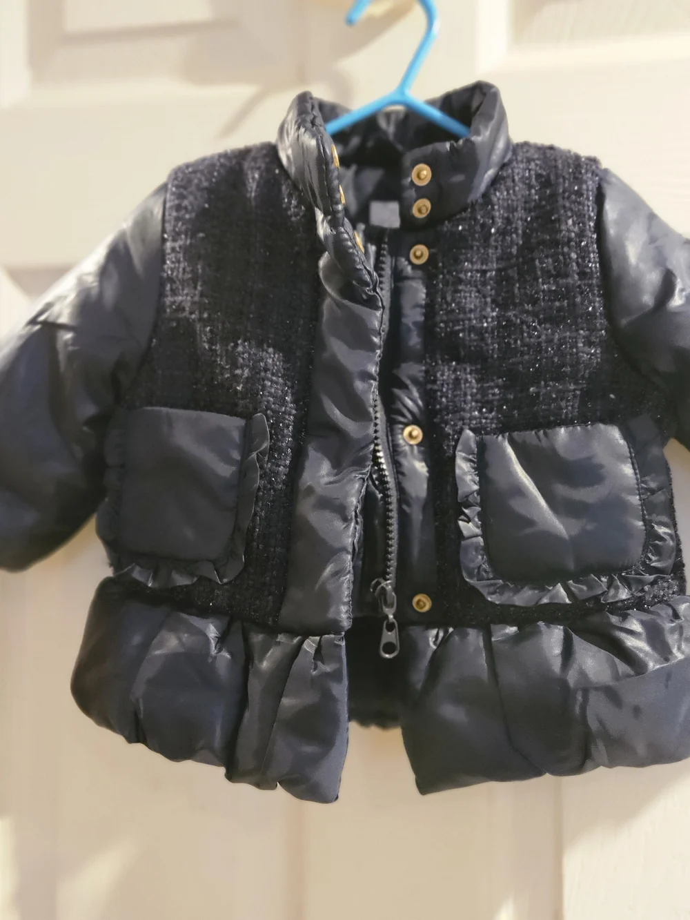 EPK Boutique Girl’s Tweed & Puffer Ruffle Winter Jacket Navy Blue - Size 12M